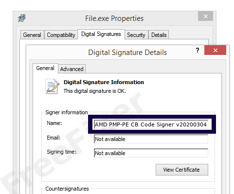 Screenshot of the AMD PMP-PE CB Code Signer v20200304 certificate